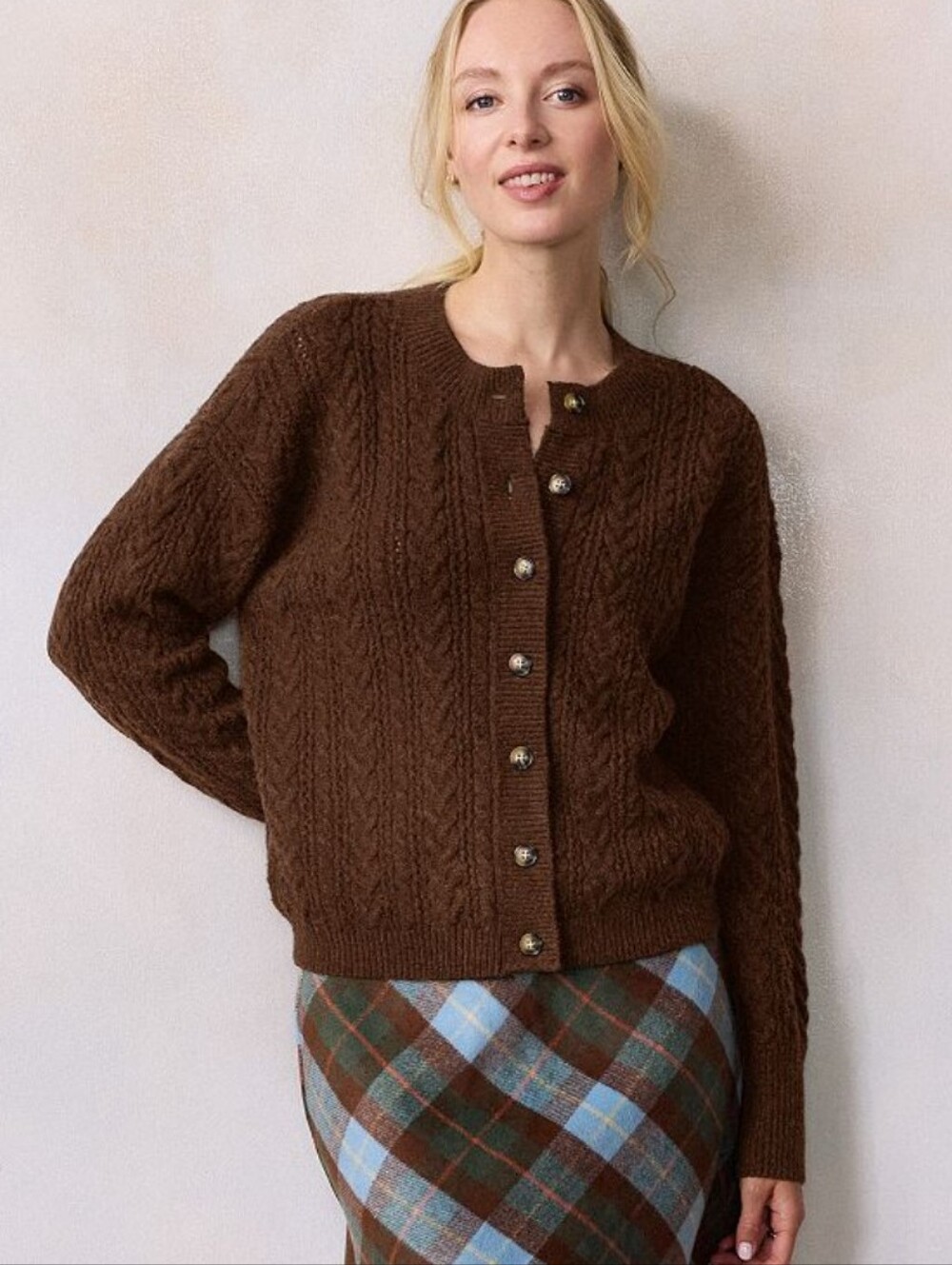 Lauren Conrad Brown Cable-Knit Crewneck Cardigan